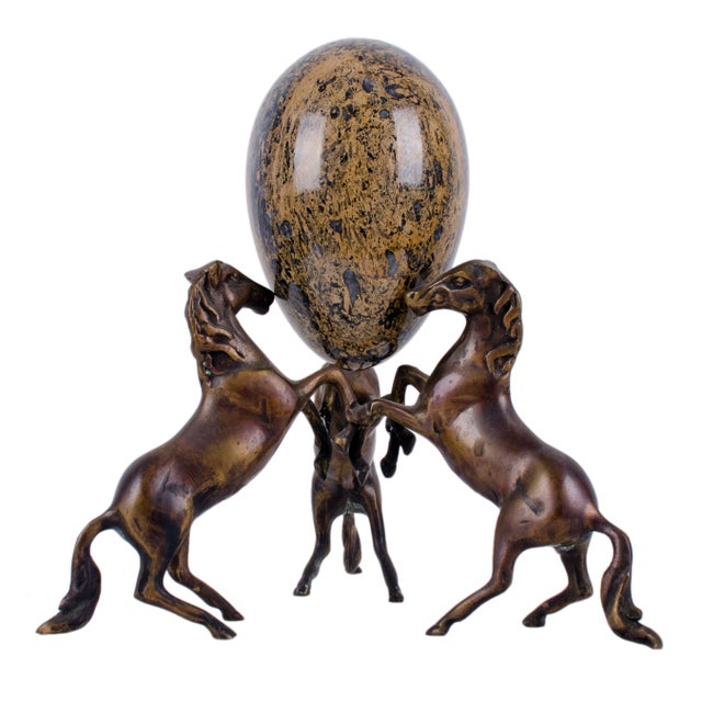 Vintage patinated brass sculpture of three rearing horses surmounted by large jasper stone stone egg. Excellent vintage...