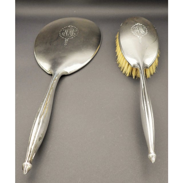 Victorian Antique 1888-1910 Art Deco La Pierre Sterling Silver Dresser Set Hand Mirror Brushes Jars - Set of 10 For Sale - Image 3 of 13