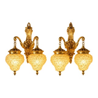 1980s French Louis XVI Gold Bronze Crystal Wall Lamps-Sconces-Pair For Sale