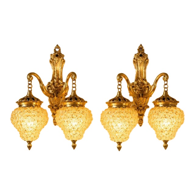 1980s French Louis XVI Gold Bronze Crystal Wall Lamps-Sconces-Pair For Sale