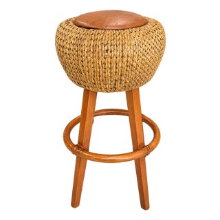 Palecek Woven Rattan & Wood Bar Stool With Leather Seat, Coastal Boho Counter Stool For Sale
