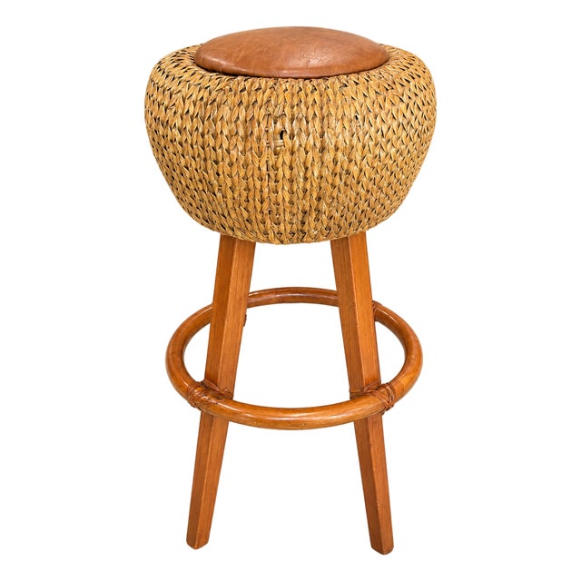 Palecek Woven Rattan & Wood Bar Stool With Leather Seat, Coastal Boho Counter Stool For Sale