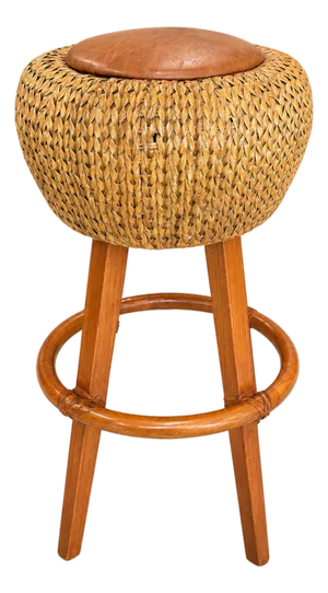 Palecek Woven Rattan & Wood Bar Stool With Leather Seat, Coastal Boho Counter Stool