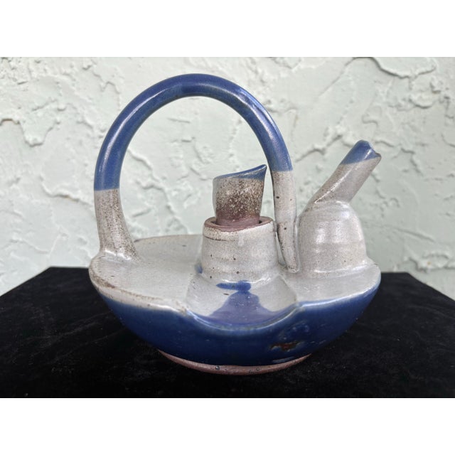 Mid-Century Modern Mid-Century Studio Art Pottery Pouring Vessel – Blue & Beige Stoneware Cruet Form For Sale - Image 3 of 11