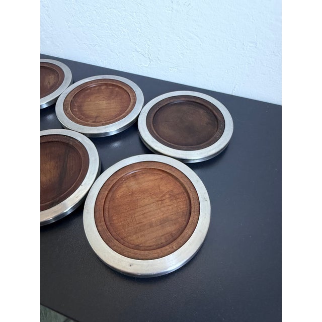 1960s Jean Dobré Jacaranda and Stainless Steel Coasters for Tropic-Art - Set of Six For Sale - Image 5 of 12