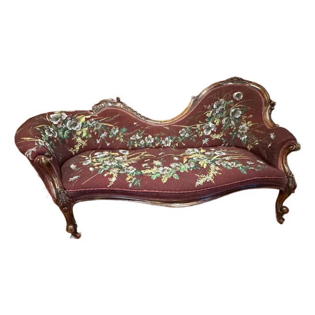 Antique Victorian Carved Walnut Chaise Lounge “Fainting Couch” With Hand-Beaded Floral Upholstery For Sale