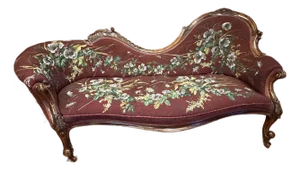 Antique Victorian Carved Walnut Chaise Lounge “Fainting Couch” With Hand-Beaded Floral Upholstery