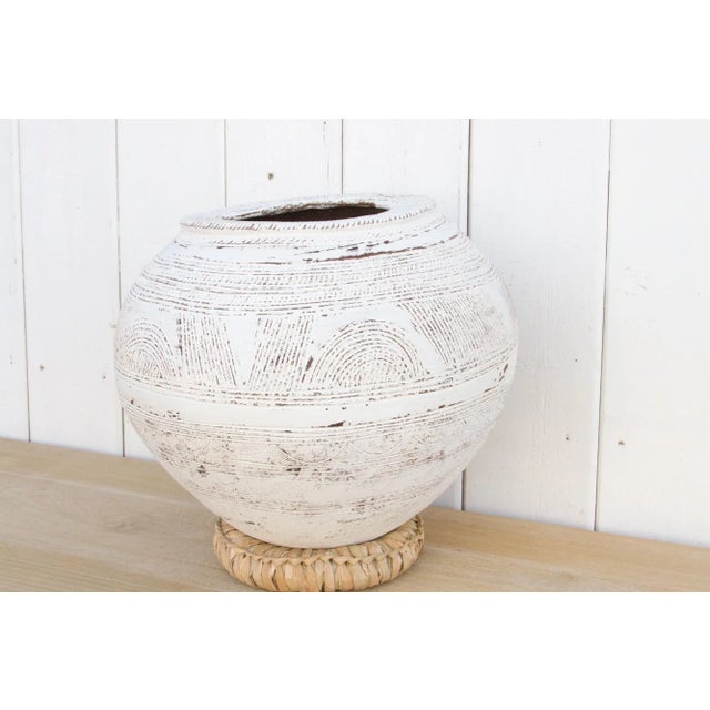 Tribal Whitewash African Antique Clay Pot For Sale - Image 3 of 10