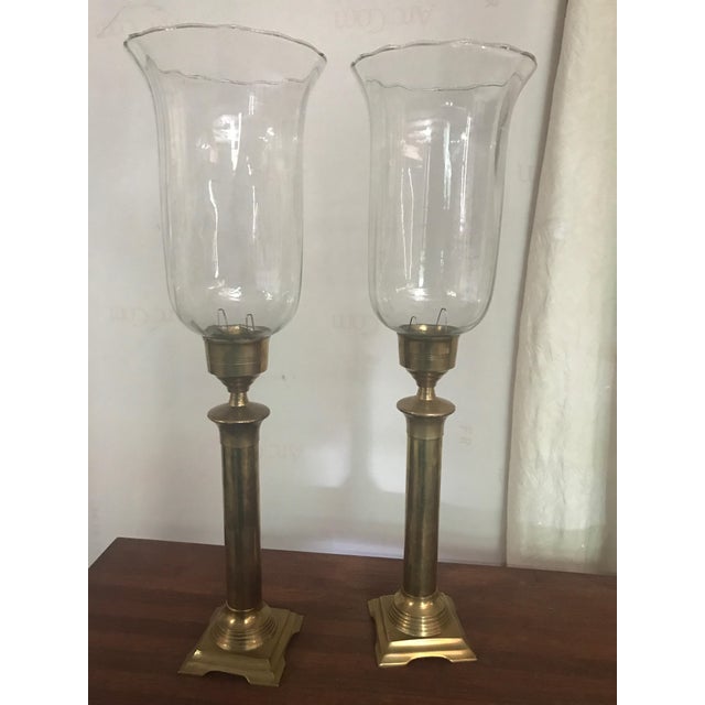 Brass And Glass Traditional Hurricane Lamps A Pair Chairish