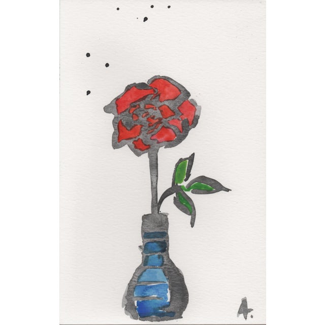 "Red Rose, Blue Vase" Original Small Watercolor Painting by Auker For Sale