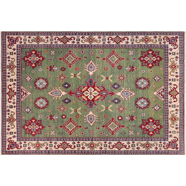 Boho Chic Kazak Light Green/Beige Wool Rug - 8'3''x9'5'' For Sale - Image 9 of 10