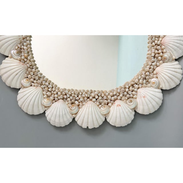 Vintage Coastal Shell Encrusted Wall Mirror – Scallop & Opalescent Sea Shell Frame | Hollywood Regency Coastal Glam For Sale In Houston - Image 6 of 13