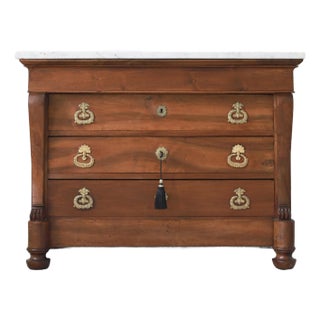 19th C French Empire Walnut Commode, White Marble Top For Sale