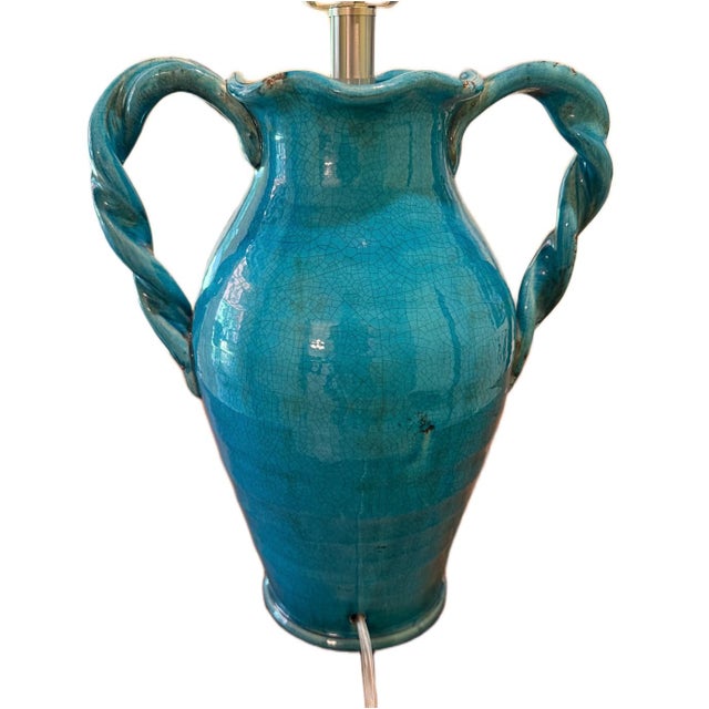 Contemporary Coastal Tuscan Style Glazed Handled Pottery Urn Lamp For Sale - Image 4 of 6
