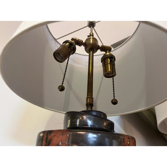 Pair of original art pottery table lamps by famed American artist, Marianna con Allesch. Signed. Rewired with aged brass...