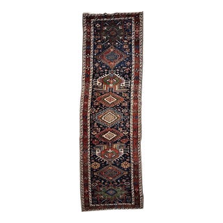 Vintage Persian Heriz Serapi Runner Rug, Hand-Knotted Wool, Geometric Medallion Pattern, Navy, 3x12 For Sale