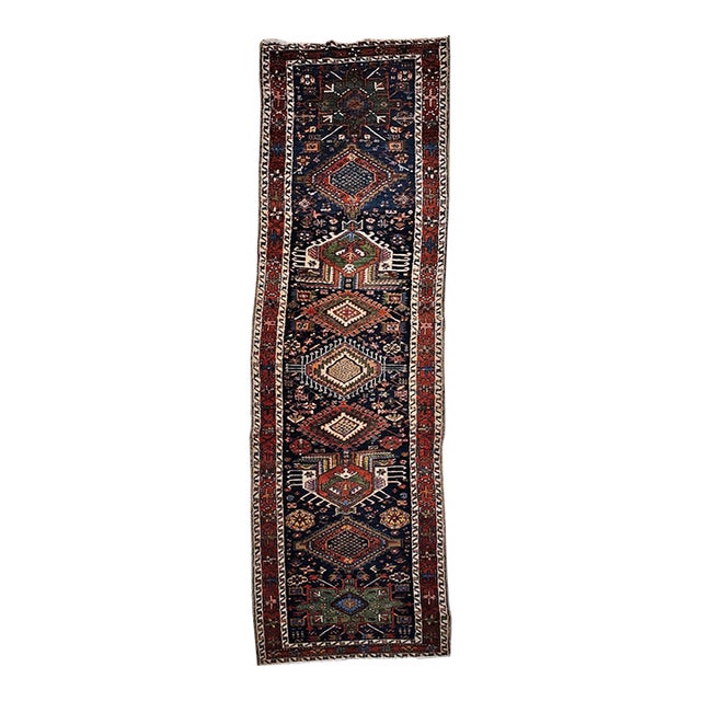 Vintage Persian Heriz Serapi Runner Rug, Hand-Knotted Wool, Geometric Medallion Pattern, Navy, 3x12 For Sale