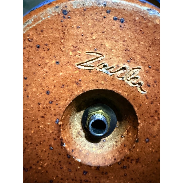 Cornflower Blue Signed Robin’s Egg Glaze Finish Bulbous Turned Studio Pottery Ceramic Lamp For Sale - Image 8 of 9