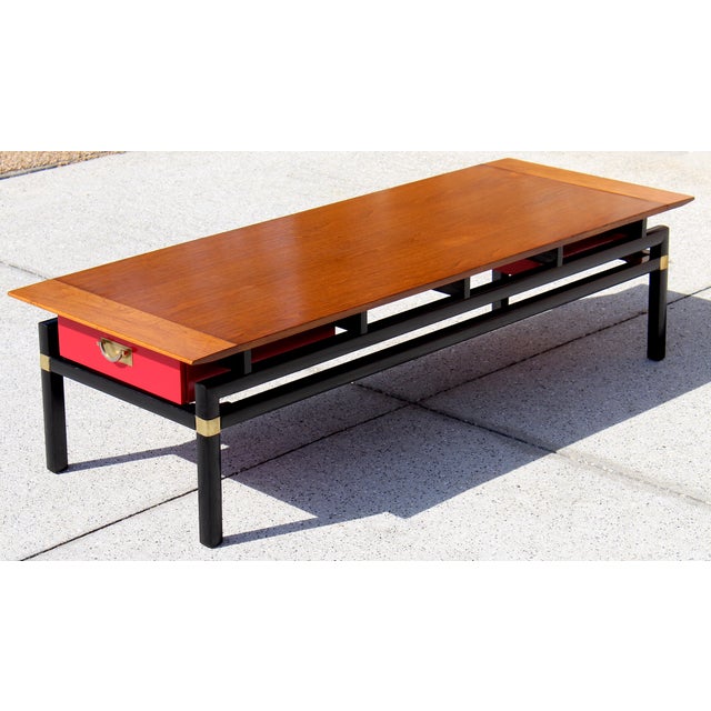 Mid-Century Modern Asian-Inspired Coffee Table by Michael Taylor Style for Baker - 1960s Red Drawer Butternut & Teak...