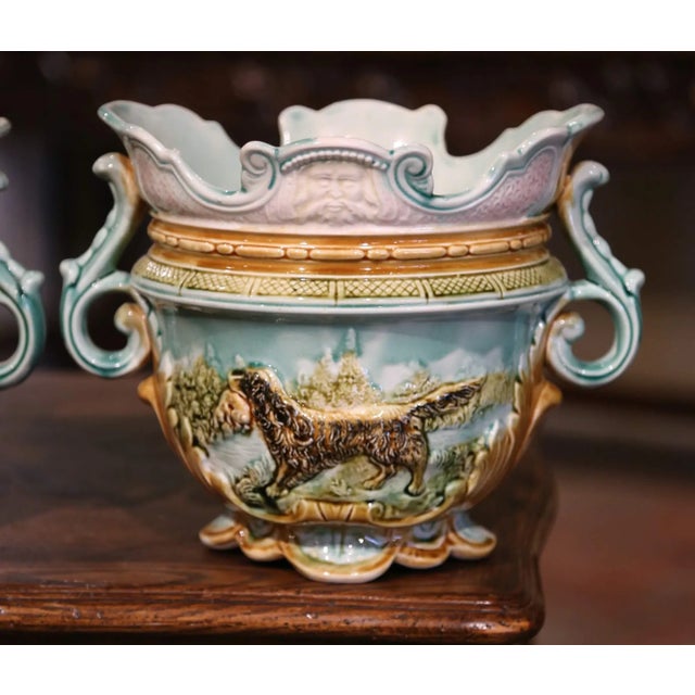 Late 19th Century 19th Century French Barbotine Hunt Motifs Cache Pots and Jardiniere, Set of 3 For Sale - Image 5 of 12