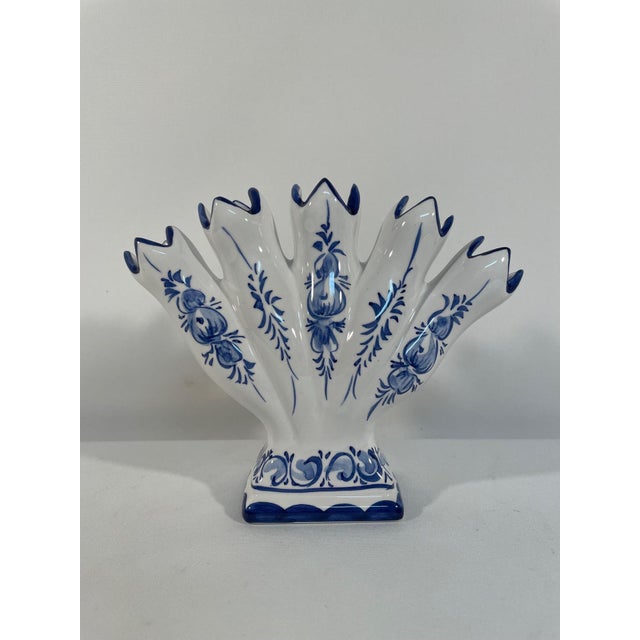 A charming blue and white Five Finger Tulip Vase or Tulipiere from the late 20th Century. Made in Portugal with maker's...