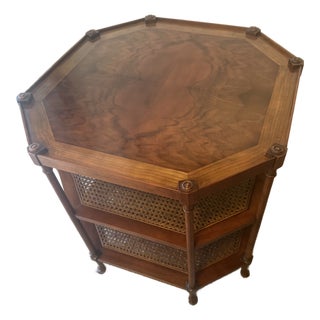 1950s Baker Walnut/ Cane Octagonal Side Table. Top Has Bookmatched Finish. Original Finishes in Pristine Condition. For Sale