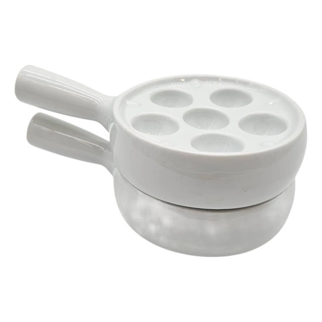 French White Ceramic Escargot Dishes – Set of 2 Classic 6-Well Snail Servers With Handles For Sale
