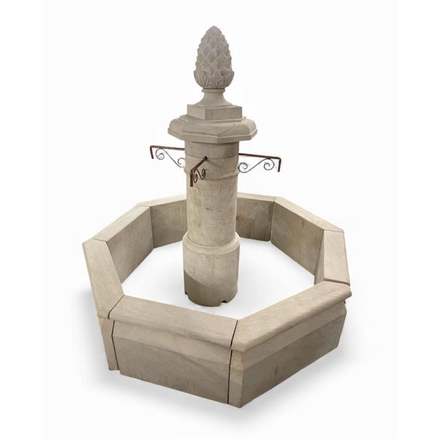 French Provincial Large French Style Octagonal Carved Limestone Garden Fountain With Pinecone Finial For Sale - Image 3 of 7