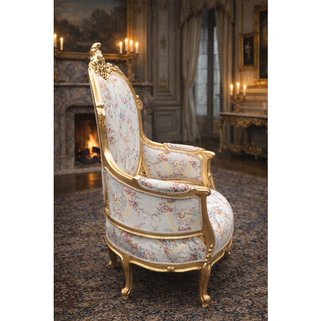 1970 French Louis XVI Gold Beech Damask Bergères - Pair For Sale - Image 10 of 14