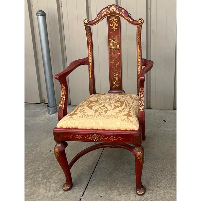 Early English Georgian Queen Anne Style Red & Gilt Chinoiserie Dining Chairs -S/10 For Sale - Image 10 of 13