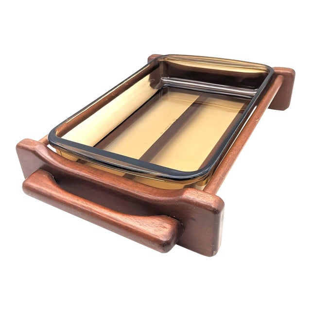 1970s Teak Wood Casserole Cradle With Smoke Brown Glass Baking Pan, 2 Piece Set For Sale