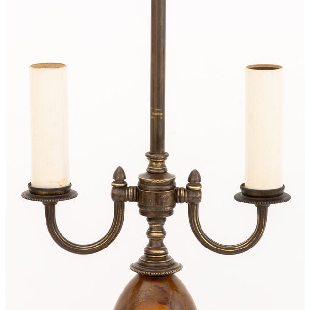Neoclassical Style Onyx and Brass Two Branch Table Lamp, mounted on square green banded onyx base on four bun feet. 27.75"...