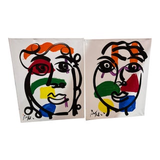 1970s Original Pair of Peter Keil Cubist Colorful Paintings For Sale