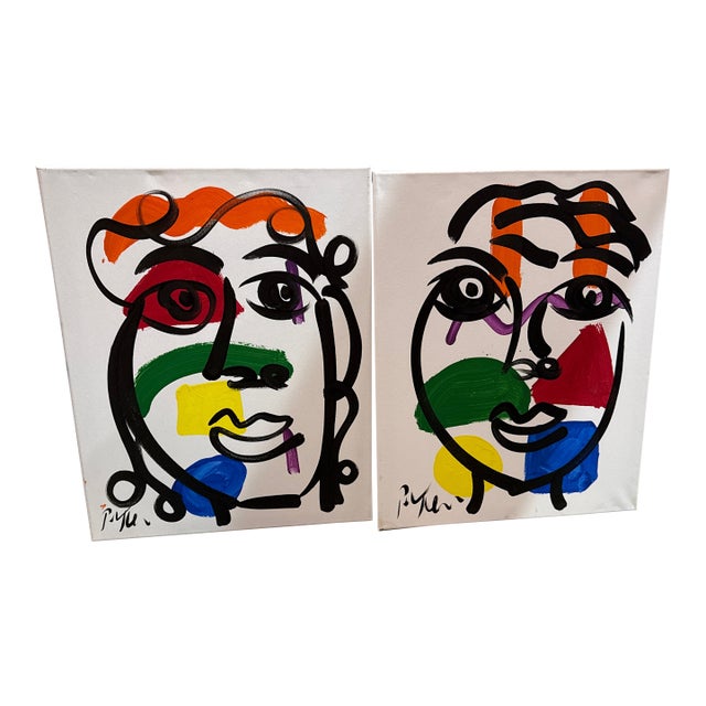 1970s Original Pair of Peter Keil Cubist Colorful Paintings For Sale