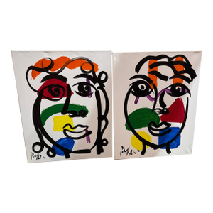 1970s Original Pair of Peter Keil Cubist Colorful Paintings