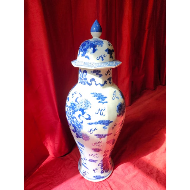 Chelsea Porcelain Final Clearance 19th Century 24" Shishi Qilin Blue and White Temple Urn Tribute - 24" For Sale - Image 4 of 18
