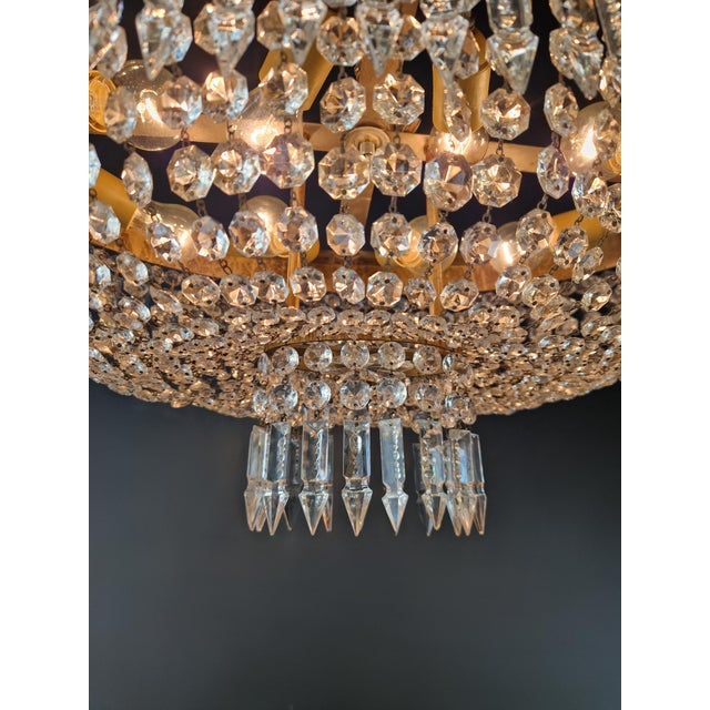 Antique Oval Flush Mount Chandelier Brass Crystal Ceiling Light Restored Gold For Sale - Image 10 of 10