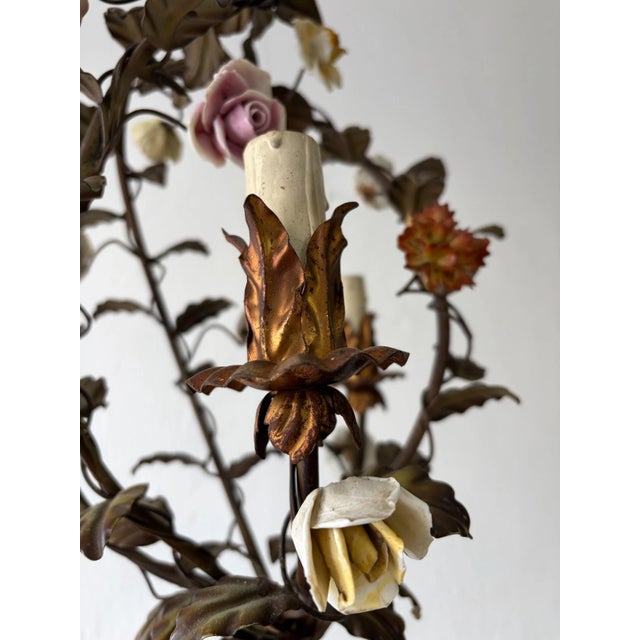 Italian Petit Tole With Porcelain Flowers Polychrome Chandelier, C. 1870 For Sale - Image 6 of 13