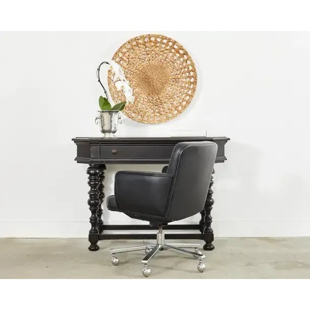 Handsome Portuguese style secretary writing table or desk by Tommy Bahama. The spinet or piano style case has a flip top...