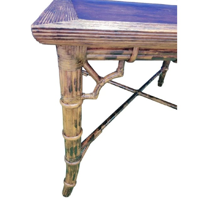 Baker Furniture Company Vintage Stained Tortoiseshell Burnt Bamboo Sqaure Regency British Colonial Card Dining Table For Sale - Image 4 of 12