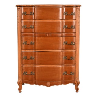 Kent Coffey French Provincial Louis XV Carved Cherry Wood Highboy Dresser, Circa 1960s For Sale