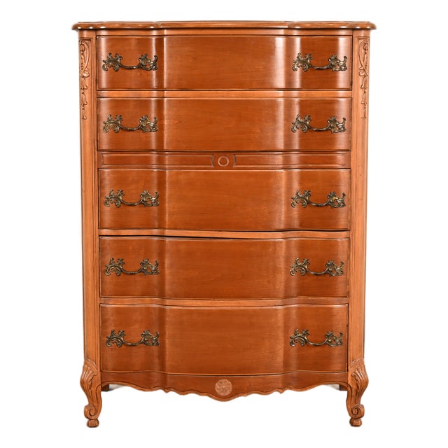 Kent Coffey French Provincial Louis XV Carved Cherry Wood Highboy Dresser, Circa 1960s For Sale