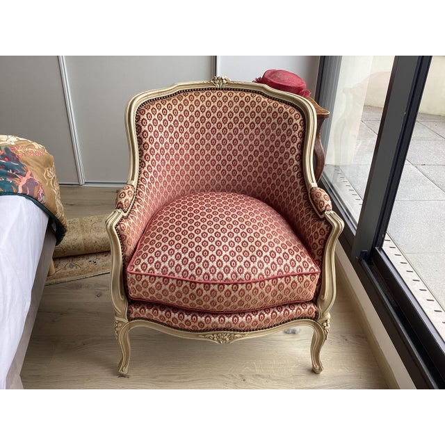 Wood Stunning French Painted Bergères W/Raspberry Velvet Upholstery For Sale - Image 7 of 12