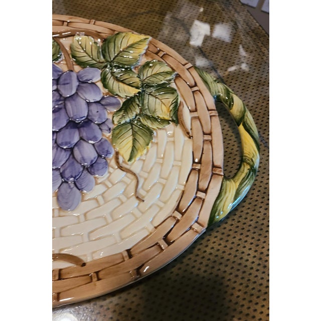 Purple Vintage Majolica Style Tromp l'Oleil Basket of Grapes Platter For Sale - Image 8 of 13