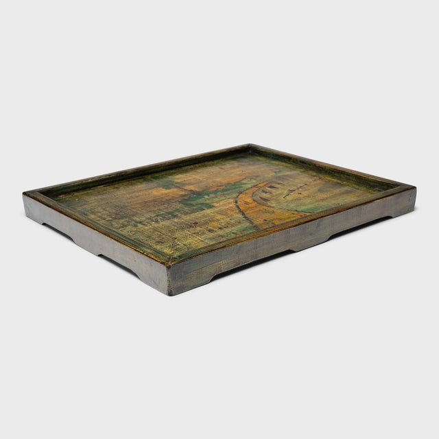 Chinese Painted River Landscape Tray, C. 1940 For Sale - Image 4 of 4