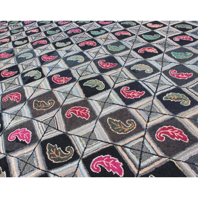 Antique American Hooked Rug With Diamond Patchwork Geometric Leaf Design 9'2"x12'1" For Sale In Atlanta - Image 6 of 10