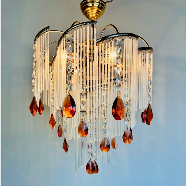 1980s Vintage Milk Glass Flush Mount Chandelier With Amber Crystal Drops For Sale - Image 15 of 16
