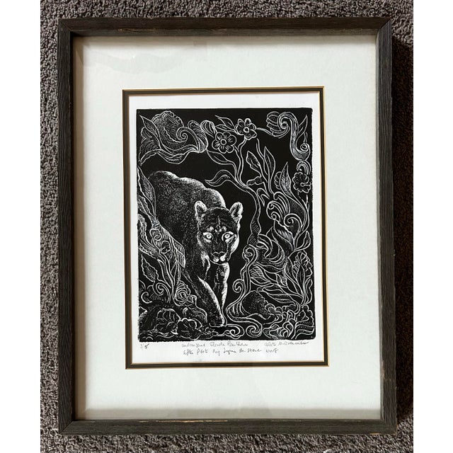 Vintage original black and white woodcut print of a Florida panther in vintage wood frame. Pencil signed to the lower...