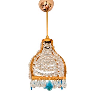 Vintage French Empire Brass & Crystal Pendant Light With Aqua Blue Drops - Restored For Sale