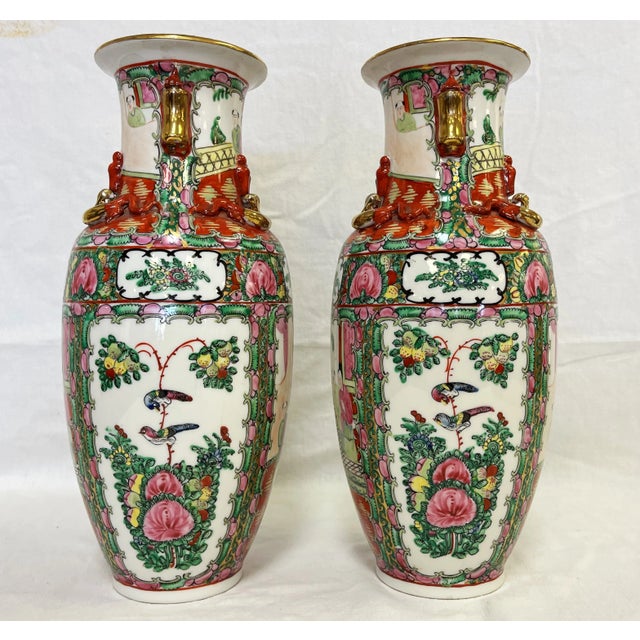Mid Century Asian Famille Rose Vases of Hand Painted Porcelain With Gold Accents- a Pair For Sale In West Palm - Image 6 of 12